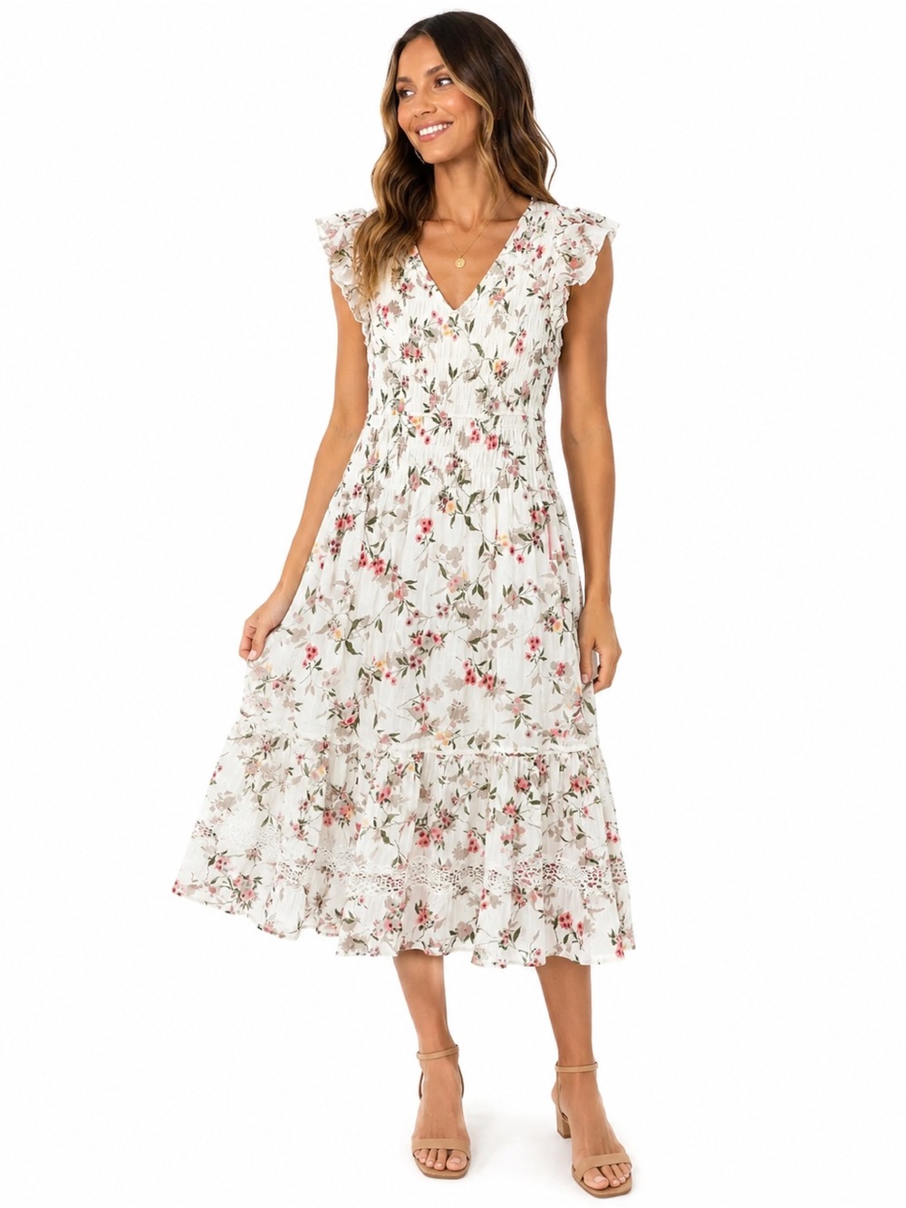 Smocked Floral Maxi Dress in White with Pink Floral